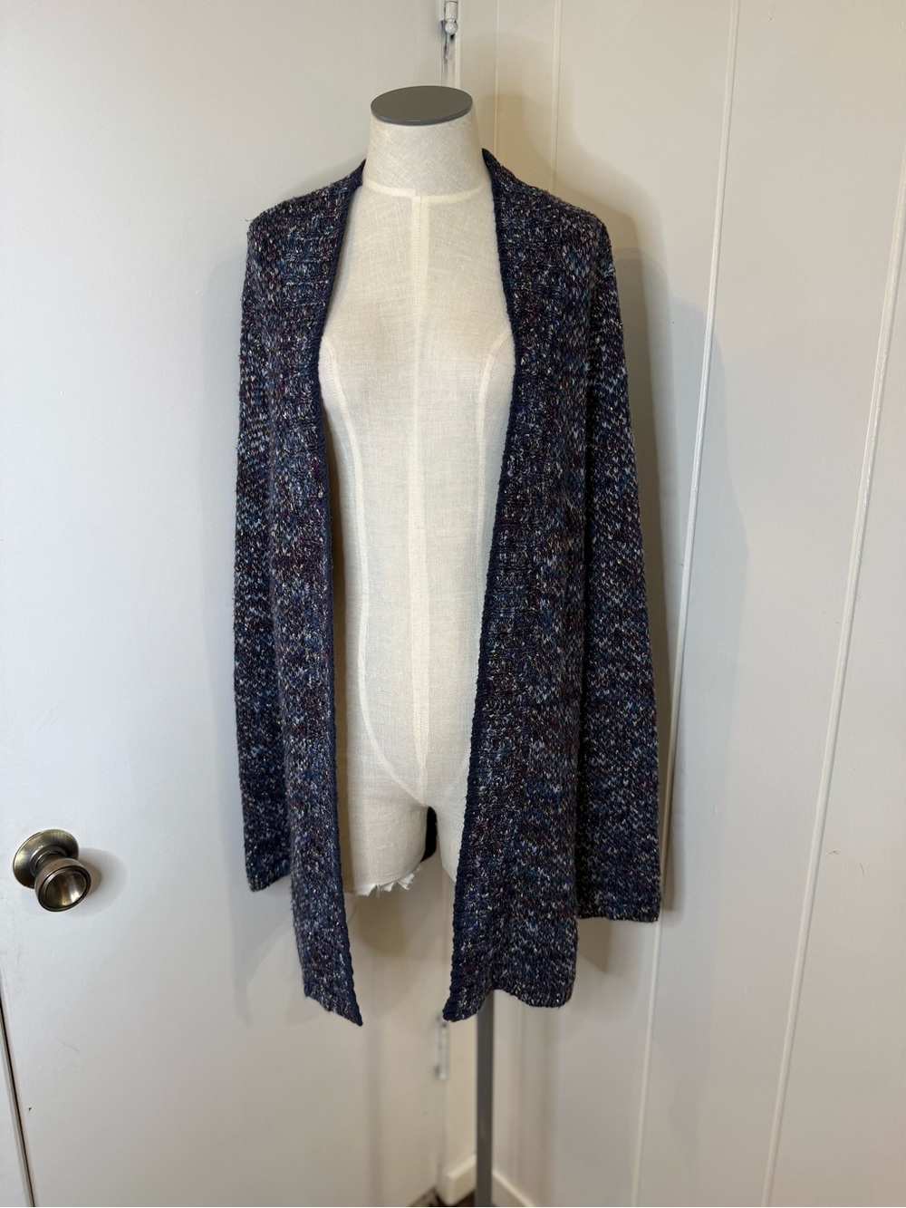 Coldwater Creek Open-Front Navy Multi-Color Knit Cardigan Sweater Sz L